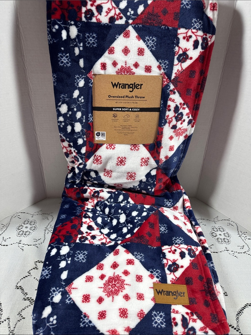 Wrangler Oversized Ultra Plush Throw Blanket Red White Blue Patchwork 60”x70”
